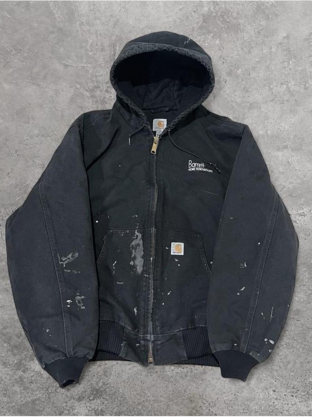 Carhartt Black Distressed Paint Splatter Work Jacket Zip Up Hoodie Mens XL